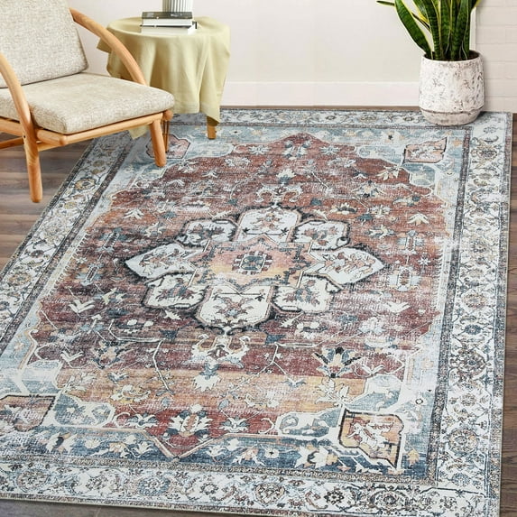 Tzou Persian Area Rug, 5x7 Washable Rugs for Living Room Anti Slip Entry Mat, Brick Red Vintage Soft Rug for Bedroom