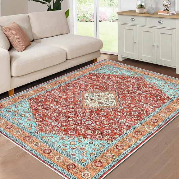 Tzou Persian Washable Rugs 4x6ft for Living Room(Red/Turquoise)