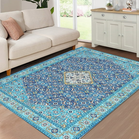 Tzou Persian Washable Rugs 5x7ft for Living Room(Navy/Turquoise)