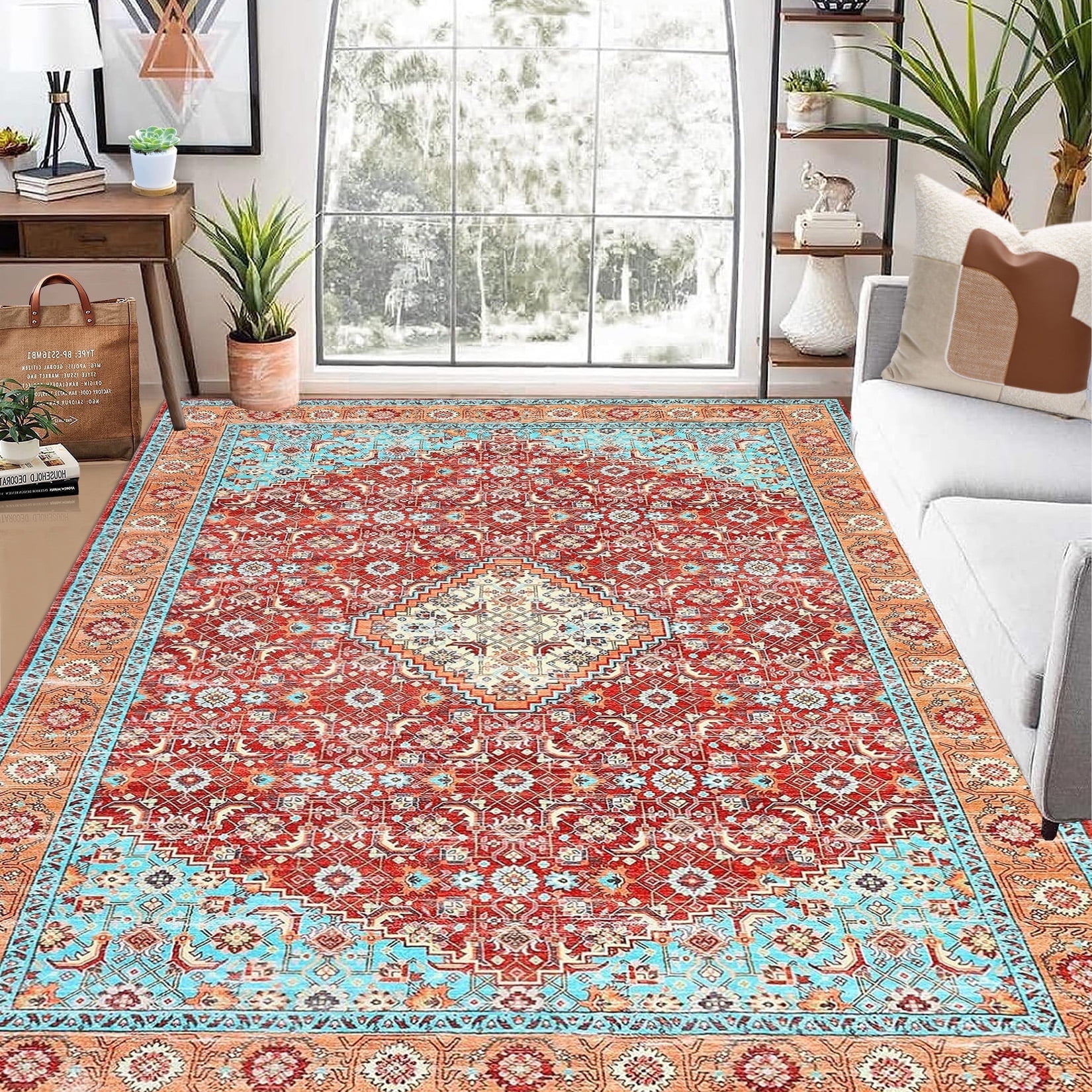 Tzou Persian Washable Rugs 6x9ft for Living Room(Red/Turquoise)