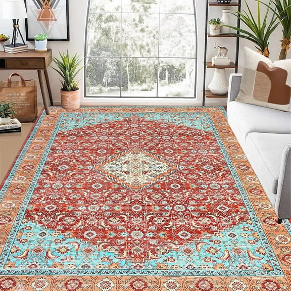 Tzou Persian Washable Rugs 6x9ft for Living Room(Red/Turquoise)