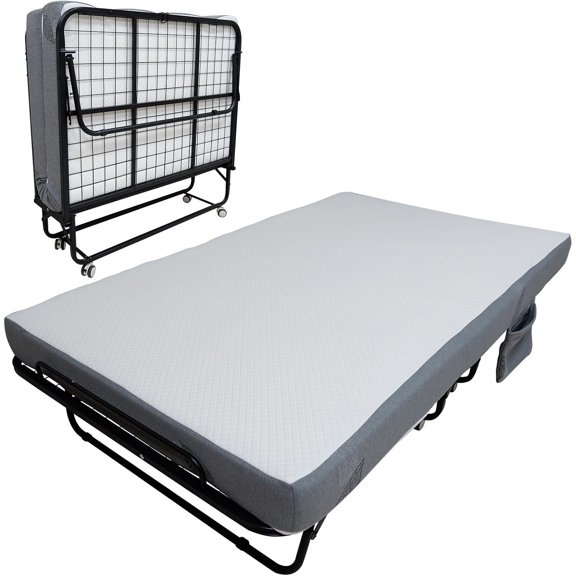 Tzou Portable Folding Bed with 5" Memory Foam Mattress - Rollaway Guest Bed on Lockable Wheels, Side Storage Pocket, Space-Saving Metal Frame for Adults