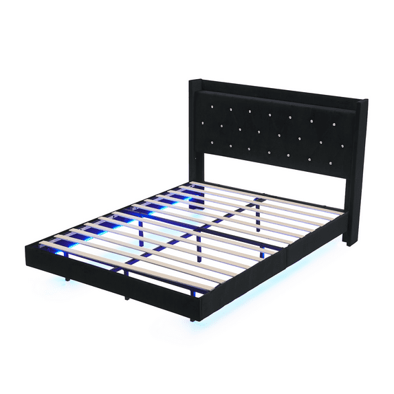 Tzou Queen Size Floating Bed Frame with LED Lights & Storage Headboard - Velvet Upholstered Wingback Design, No Box Spring Needed