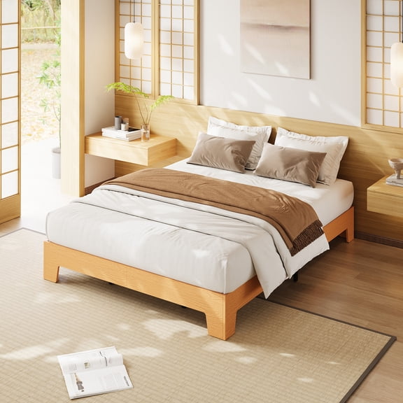 Tzou Queen Size Wooden Platform Bed Frame - No Box Spring, Wooden Slats, 10.24" Height, Easy Assembly