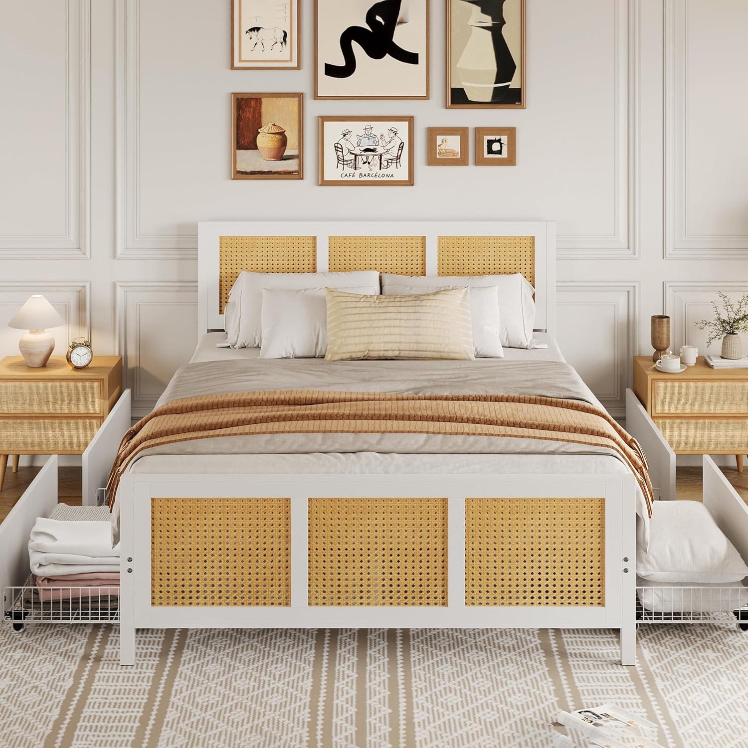 Tzou Rattan Bed Frame with Headboard & 4 Drawers - Boho Queen Size Platform Bed, LED Lights, 800 lb Capacity, No Box Spring, White