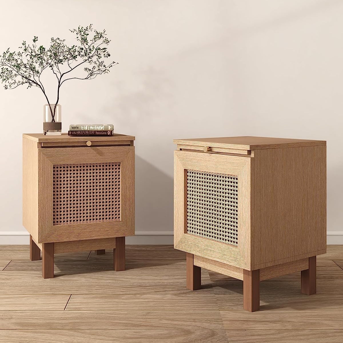 Tzou Boho Style Rattan Bedside Nightstand Set of 2, End Table for