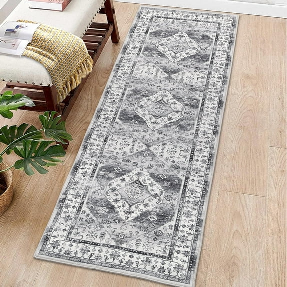 Tzou Runner Rug 2x6 Washable Low-Pile Vintage Carpet for Hallway, Non-Slip Backing Non-Shedding Indoor Floor Mat for Entryway Kitchen, Grey