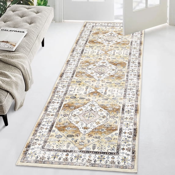 Tzou Runner Rug 2x6 Washable Low-Pile Vintage Carpet for Hallway, Non-Slip Backing Non-Shedding Indoor Floor Mat for Entryway Kitchen, Tan