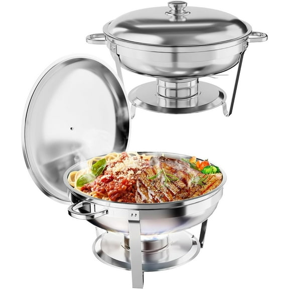 Tzou Stainless Steel Chafing Dish Buffet Set 2 Pack - 5QT Round Food Warmers w/Lid, Frame, Fuel Holder for Catering, Weddings, Parties