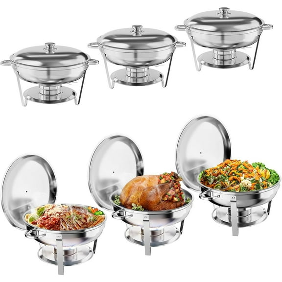 Tzou Stainless Steel Chafing Dish Buffet Set 6 Pack - 5QT Round Food Warmers w/Lid, Frame, Fuel Holder for Catering, Weddings, Parties