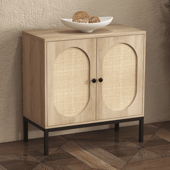 Tzou Storage Cabinet with Handmade Natural Rattan Doors, Rattan Cabinet Sideboard Buffet Cabinet for Living Room, Hallway, Dining Room, Entryway(White)