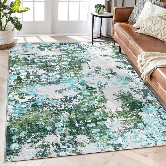 Tzou Super Soft Modern Abstract Area Rugs 10x13ft Large Washable Carpet for Living Room Playroom, Colorful Non-Slip Indoor Floor Mat, Low Pile(Green/Teal)