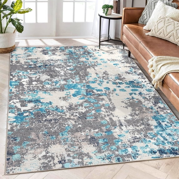 Tzou Super Soft Modern Abstract Area Rugs 4x6ft, Washable Carpet for Living Room Bedroom, Colorful Non-Slip Indoor Floor Mat, Low Pile(Blue/Grey)