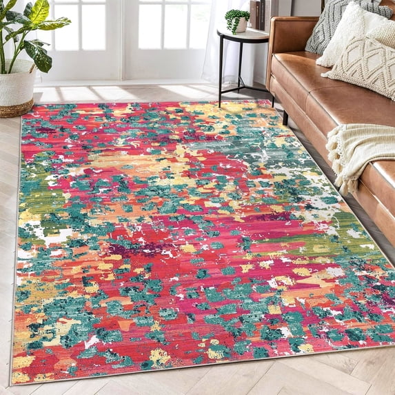 Tzou Super Soft Modern Abstract Area Rugs 4x6ft, Washable Carpet for Living Room Bedroom, Colorful Non-Slip Indoor Floor Mat, Low Pile(Multi-Color)