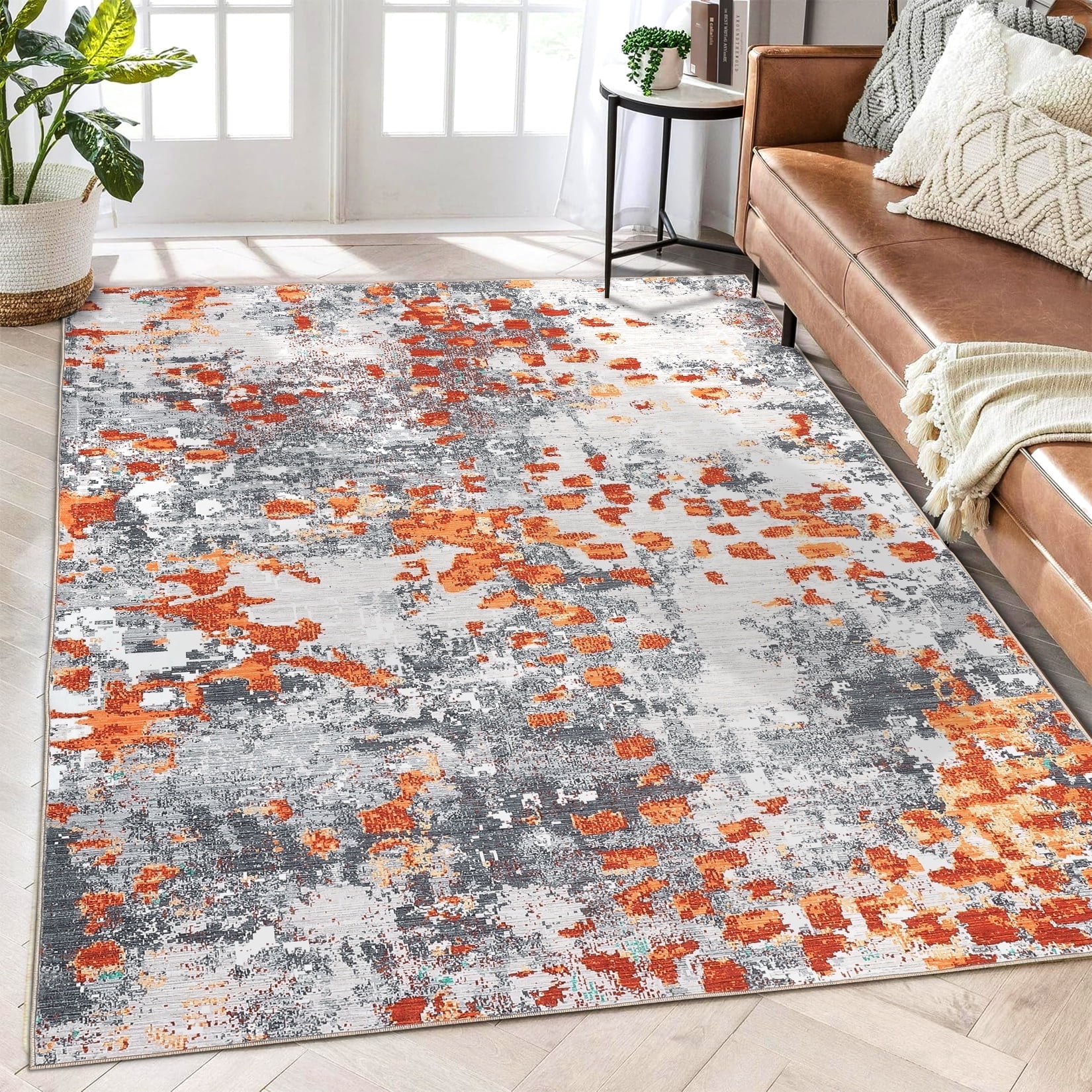Tzou Super Soft Modern Abstract Area Rugs 4x6ft, Washable Carpet for Living Room Bedroom, Colorful Non-Slip Indoor Floor Mat, Low Pile(Orange/Grey)