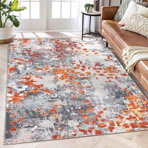 Tzou Super Soft Modern Abstract Area Rugs 9x12ft Large Washable Carpet for Home Office, Colorful Non-Slip Indoor Floor Mat, Low Pile(Orange/Gray)