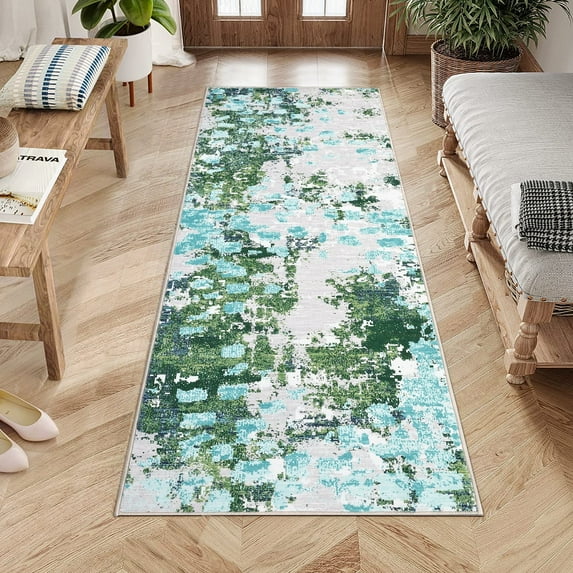 Tzou Super Soft Modern Abstract Runner Rugs 2x6ft, Washable Carpet for Entryway Hallway Kitchen, Colorful Non-Slip Indoor Floor Mat, Low Pile(Green/Teal)