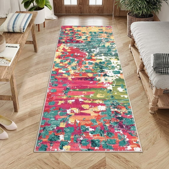 Tzou Super Soft Modern Abstract Runner Rugs 2x6ft, Washable Carpet for Entryway Hallway Kitchen, Colorful Non-Slip Indoor Floor Mat, Low Pile(Multi-Color)