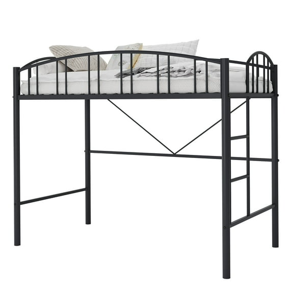 Tzou Twin Loft Bed Frame – Metal Space-Saving Bunk Bed with Arched Guardrail, Safety Ladder & 46.5" Underbed Clearance – No Box Spring Needed(77.8"L x 41.7"W)