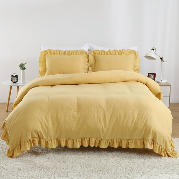 Tzou Ruffle Duvet Cover King Size, 3PCS Soft Washed Microfiber Vintage French Country Duvet Cover Set with Button Closure