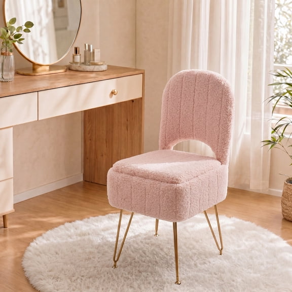 Tzou Vanity Stool with Storage & Adjustable Backrest – 280 lbs Capacity, Faux Fur
