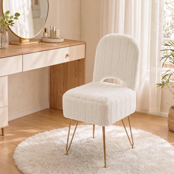 Tzou Vanity Stool with Storage & Adjustable Backrest – 280 lbs Capacity, Faux Fur