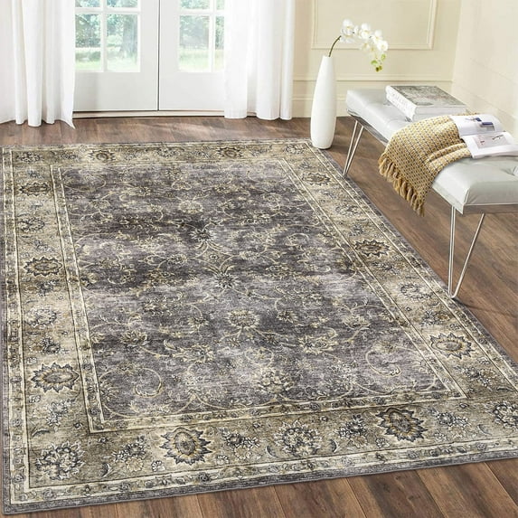 Tzou Vintage Area Rugs 9'x12' Large Washable Low Pile Non-Slip Carpet for Living Room Bedroom, Super Soft Distressed Floor Mat for Dining Room Office Playroom(Tan)