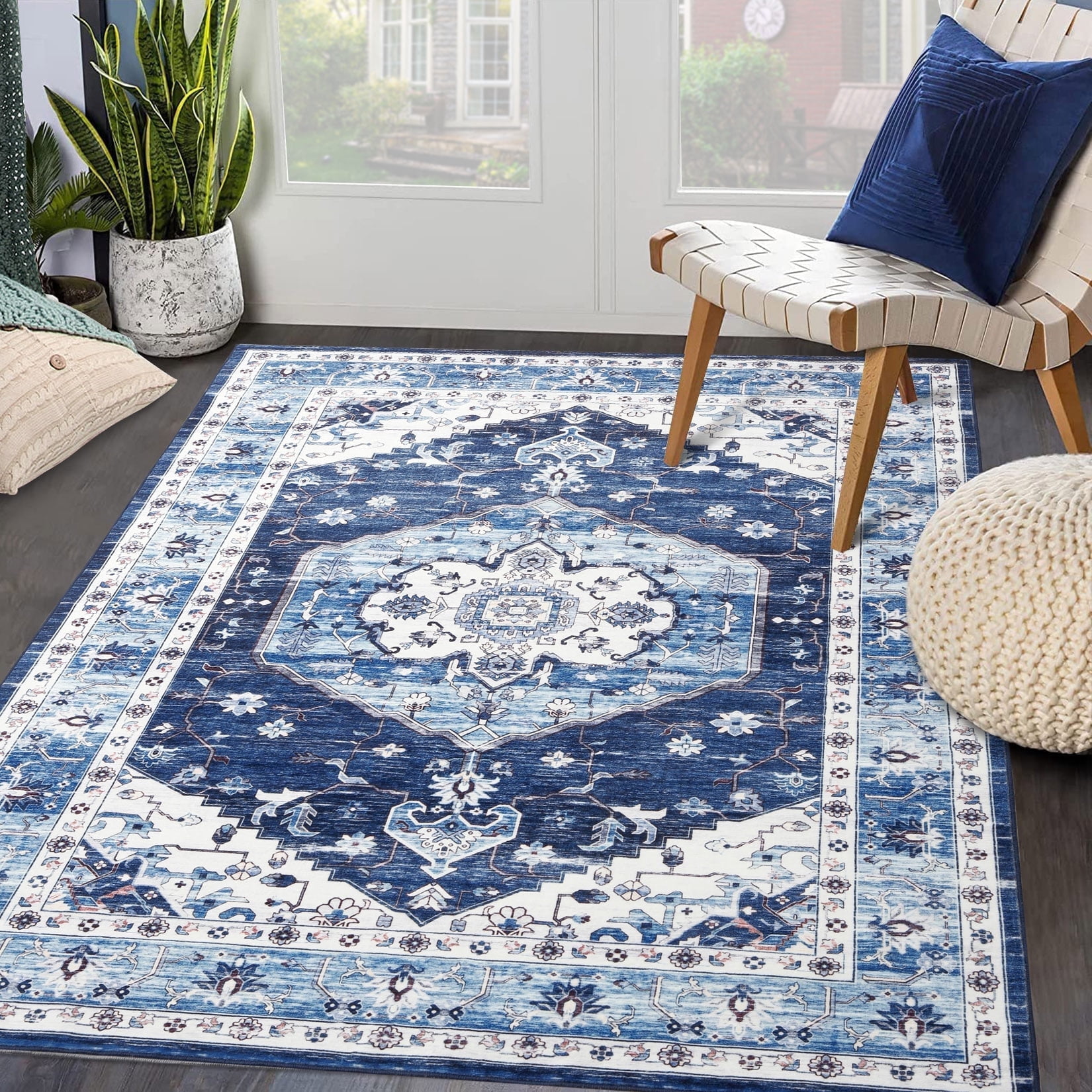 Low Profile Blue Rug Tzou Vintage Floral Low Profile Area Rug 5x7 for Bedroom Living Room ...