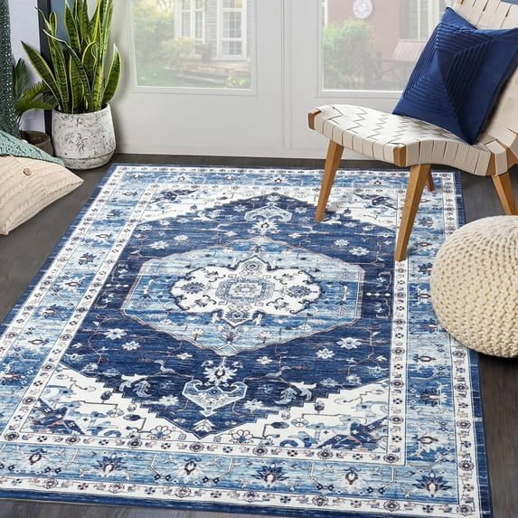 Tzou Vintage Floral Low Profile Area Rug 5x7 for Bedroom Living Room Super Soft Floor Mat, Machine Washable, Navy Blue