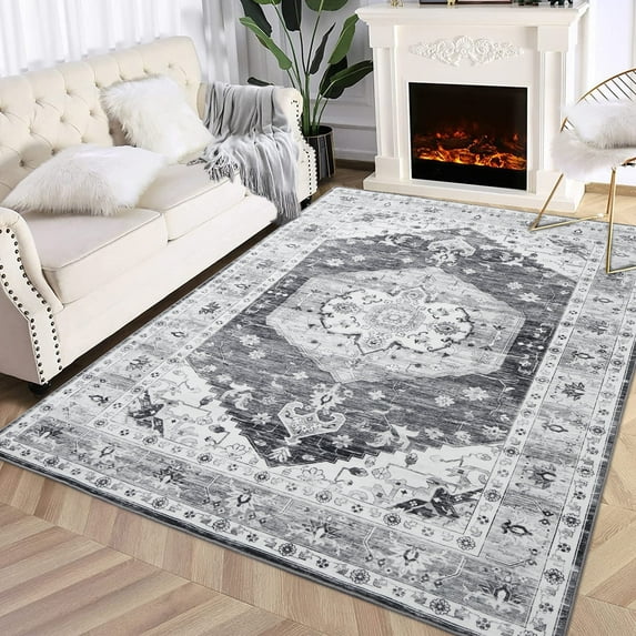 Tzou Vintage Floral Low Profile Big Area Rug 6x9 for Bedroom Living Room Super Soft Floor Mat, Machine Washable, Grey