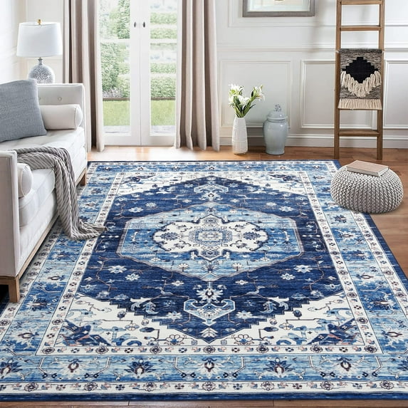 Tzou Vintage Floral Low Profile Big Area Rug 9x12 for Bedroom Living Room Super Soft Floor Mat, Machine Washable, Navy Blue
