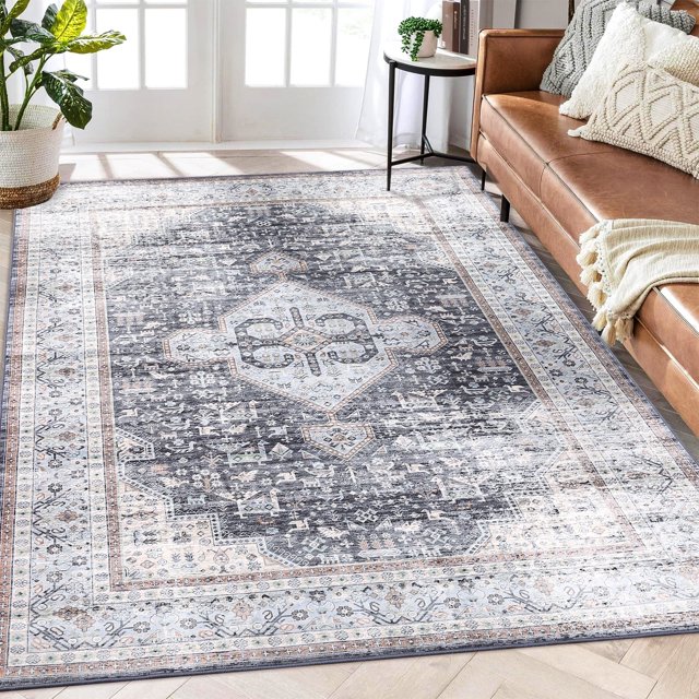Tzou Vintage Living Room Area Rugs 5x7 - Super Soft Washable Oriental Traditional Distressed Carpets for Bedroom Home Office(Dark Gray)