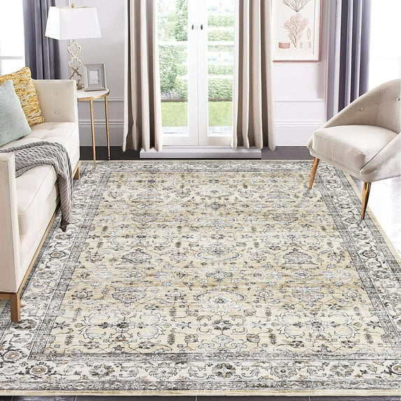 Tzou Vintage Washable Area Rugs 5'x7' for Living Room, Non-Slip Low Pile Carpet for Bedroom Dining Room, Foldable Non-Shedding Floor Mat for Home Office