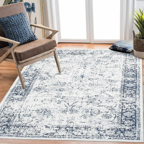 Tzou Washable Area Rugs - 4' x 6', Distressed Design, Non-Slip, Non-Shedding & Easy Care, Ideal for High Traffic Areas in Living Room, Bedroom(Blue)