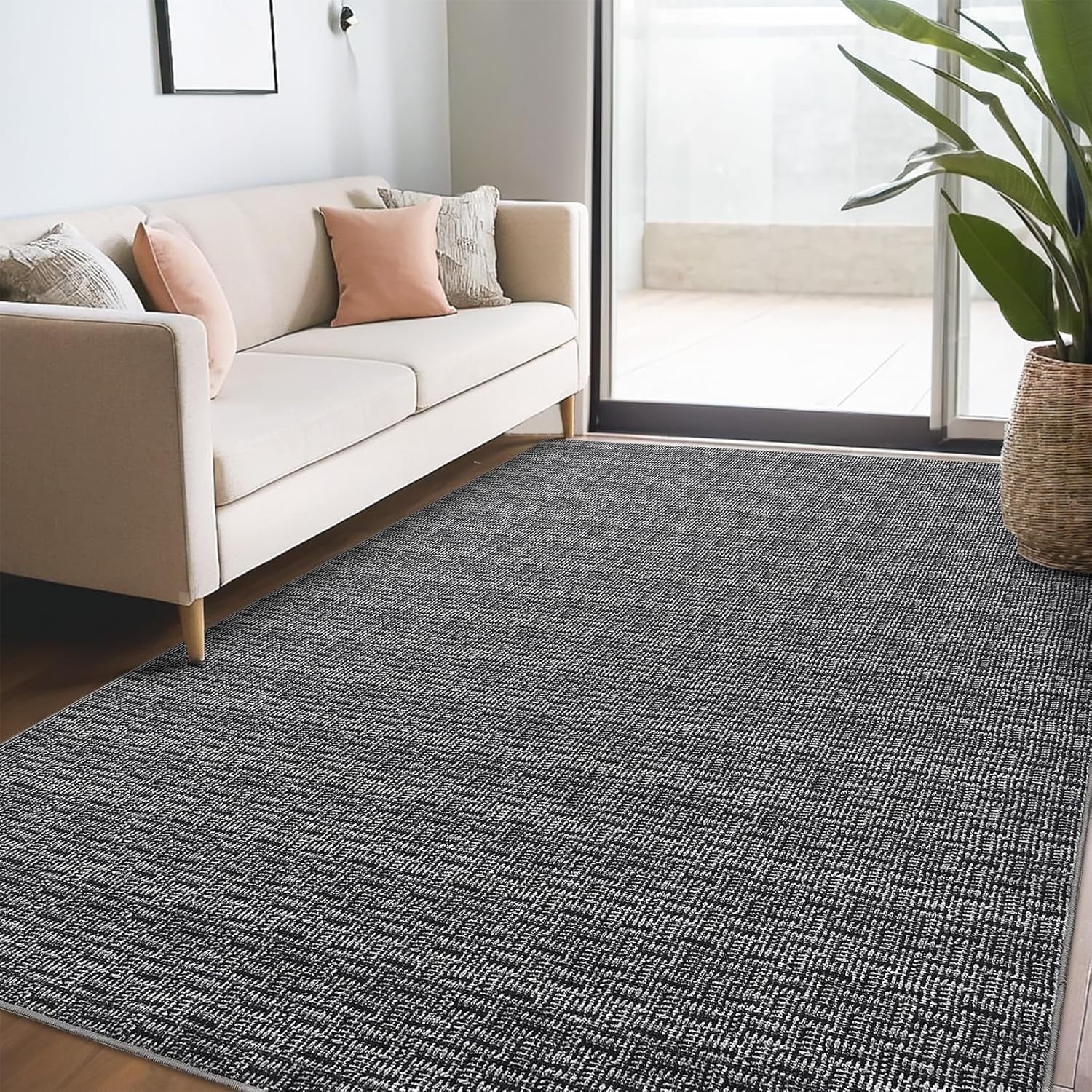 Tzou Washable Area Rugs 5x7 for Living Room, Low Pile Braid Print Indoor Carpet with Non-Slip Backing for Bedroom Dining Room(Black)