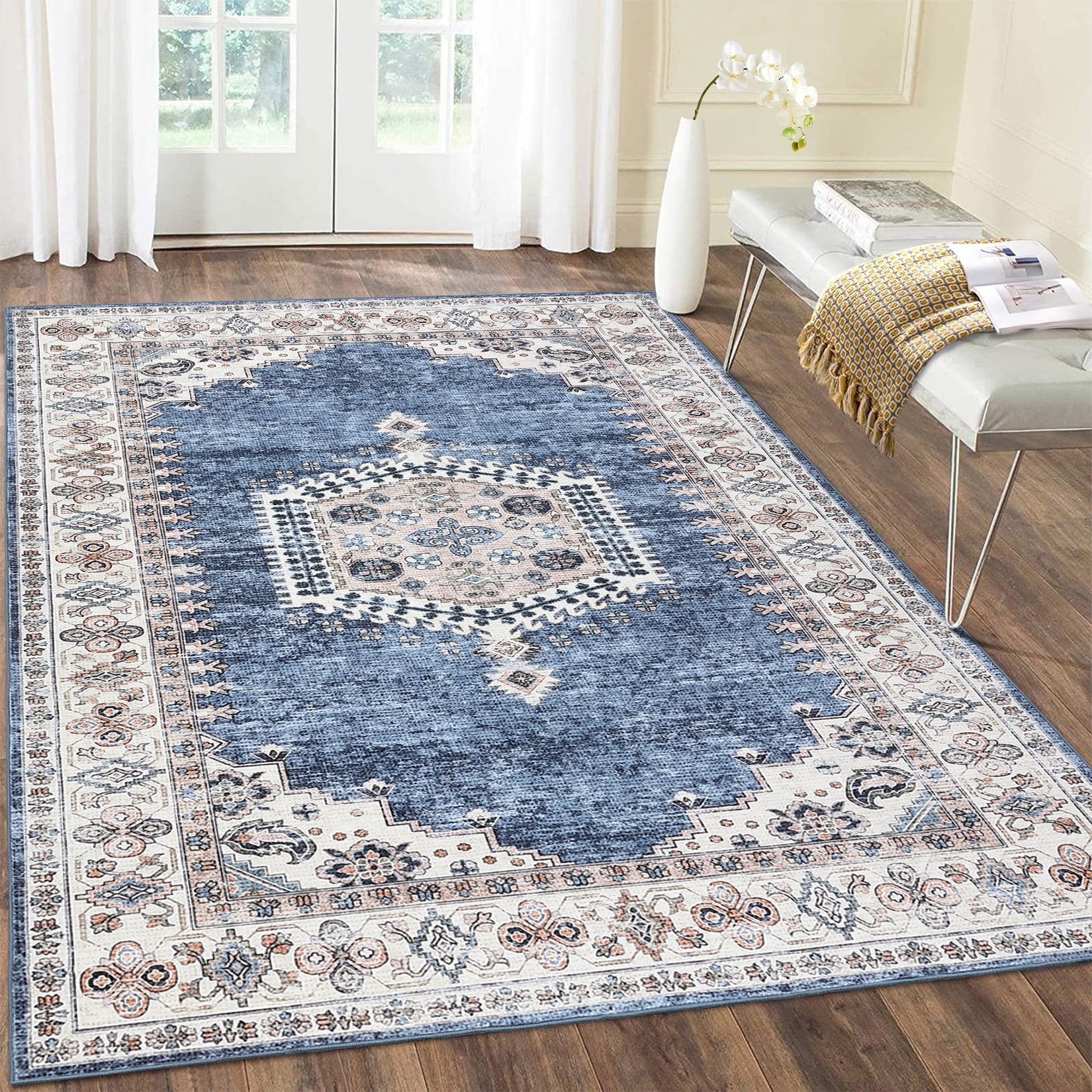 Blue and White Chenille 5' x 7' Washable Area Rug
