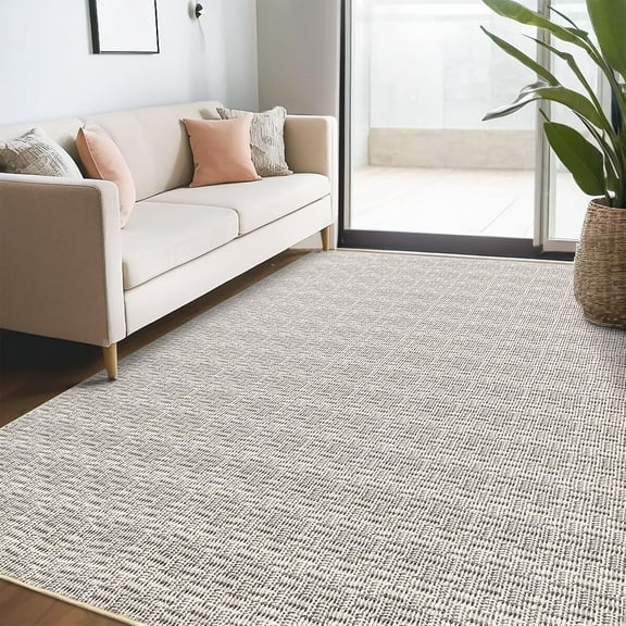 Tzou Washable Area Rugs 8x10 for Living Room, Low Pile Braid Print Indoor Carpet with Non-Slip Backing for Bedroom Dining Room(Beige)