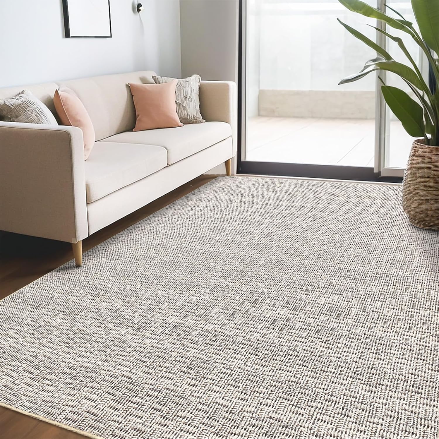 Tzou Washable Area Rugs 9x12 for Living Room, Low Pile Braid Print Indoor Carpet with Non-Slip Backing for Home Office(Beige)