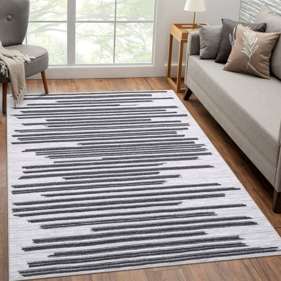 Tzou Washable Stripe Soft Indoor Area Rugs 5'x7' Contemporary Geometric Carpet for Dining Room, Non Shedding(Black)
