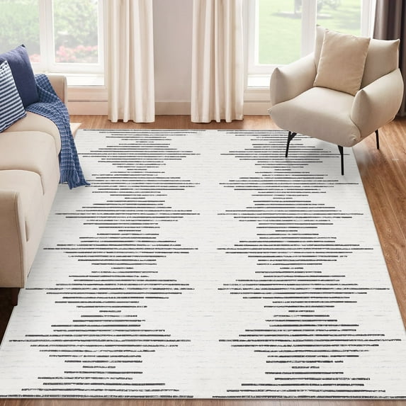 Tzou Washable Striped Area Rug, 10x13 Ultra-Soft Modern Carpet for Living Room, Bedroom & Dining Room, Stain-Resistant, Non-Slip, Machine Washable Thin Rug (Pearl Velvet, Striped Print)