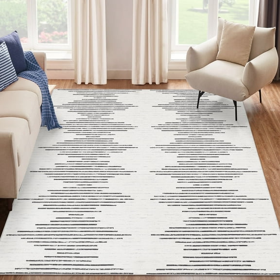 Tzou Washable Striped Area Rug, 9x12 Ultra-Soft Modern Carpet for Living Room, Bedroom & Dining Room, Stain-Resistant, Non-Slip, Machine Washable Thin Rug (Pearl Velvet, Striped Print)