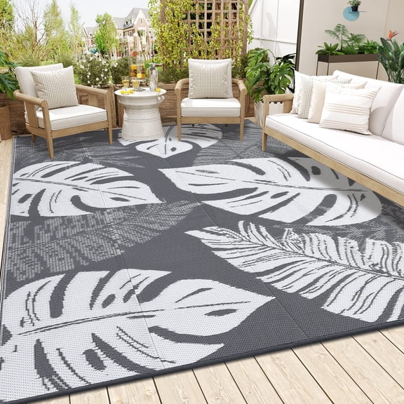 Tzou Waterproof Reversible Outdoor Rug 9 x 12ft Tropical Palm Design, Portable Camping Mat w/Carry Bag & Stakes