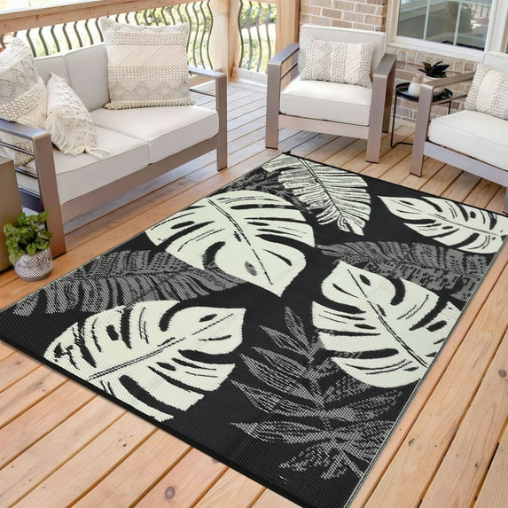 Tzou Waterproof Reversible Outdoor Rug 9 x 18ft Tropical Palm Design, Portable Camping Mat w/Carry Bag & Stakes