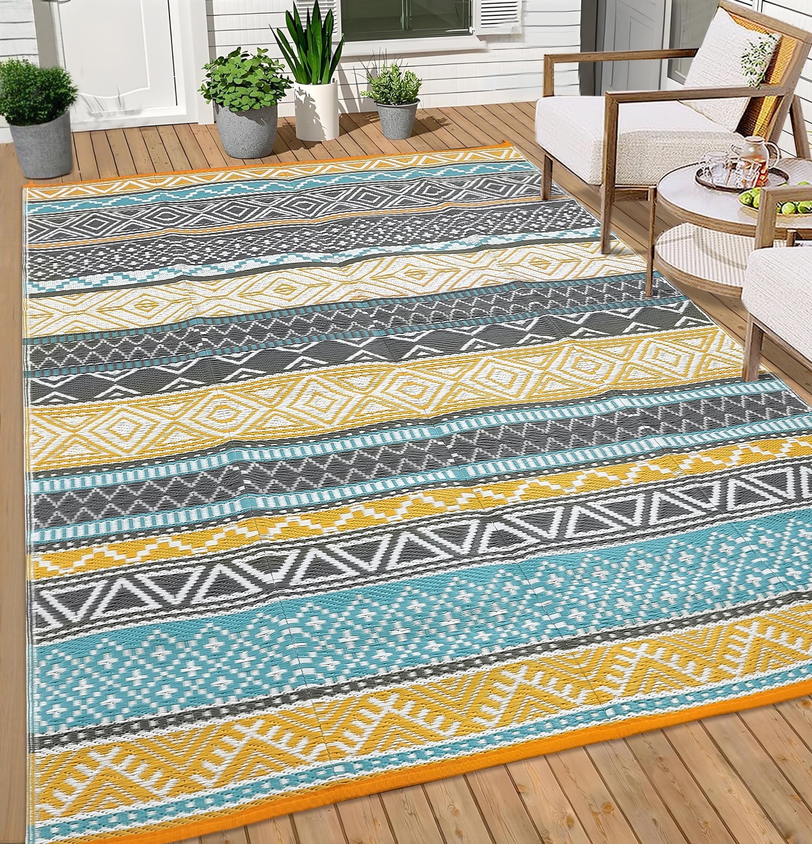 Tzou Waterproof Rugs 9x12ft Reversible Outdoor Rug for Patio, RV and Camping - Lightweight Non-Slip All-Weather Carpet - Indoor/Outdoor Mat
