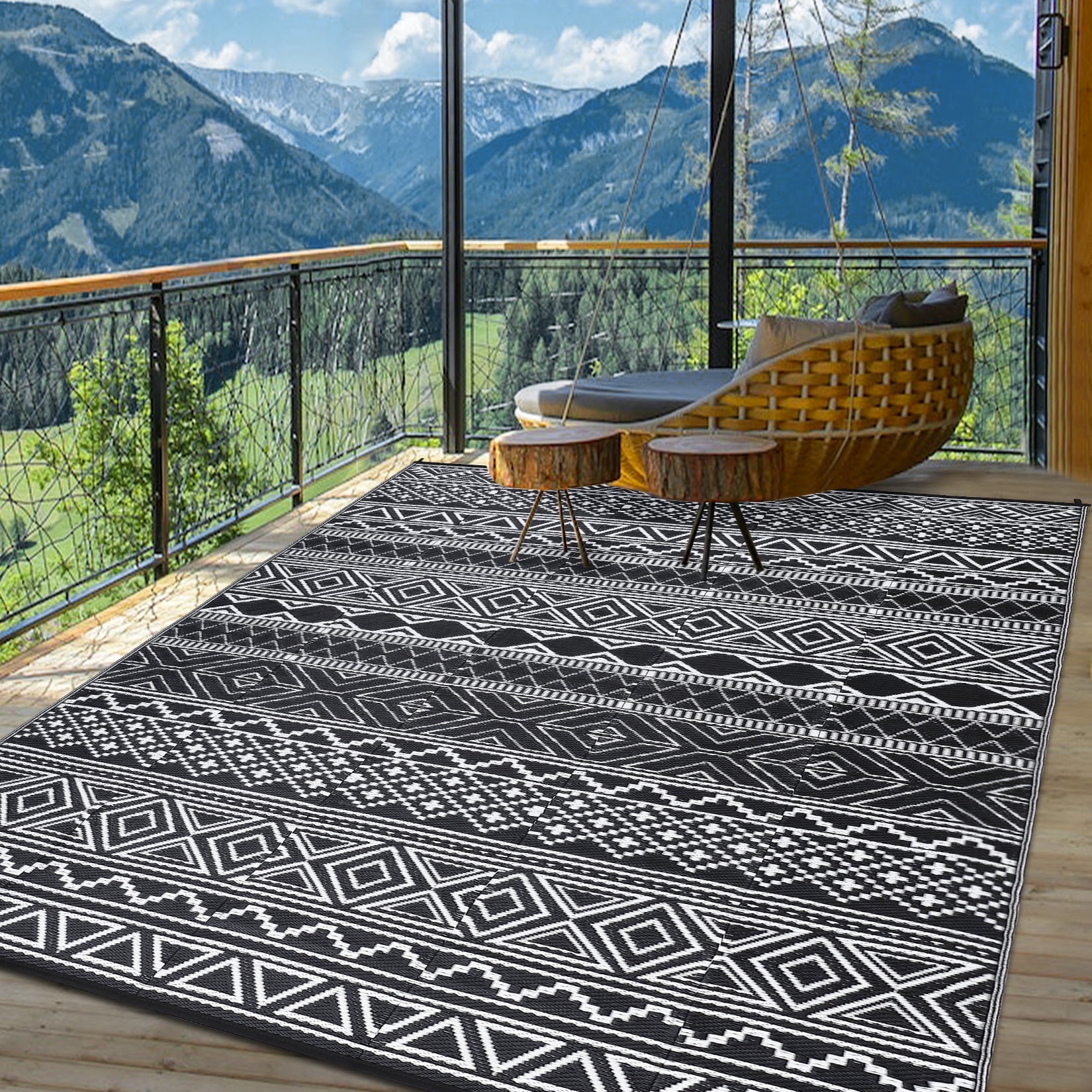 Tzou Waterproof Rugs 9x12ft Reversible Outdoor Rug for Patio, RV and Camping - Lightweight Non-Slip All-Weather Carpet - Indoor/Outdoor Mat