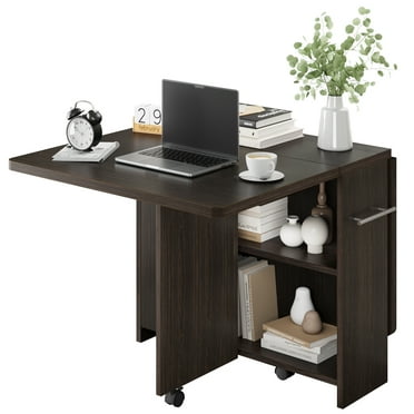 Tzou Wood Foldable Dining Table with 2 Tier Storage Extendable Drop Leaf and Handle, Dark Walnut