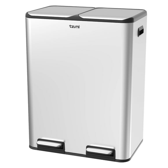 Tzumi Dual-Compartment Recycling Bin Stainless Steel Trash Can for Kitchen, 16 Gallon Total