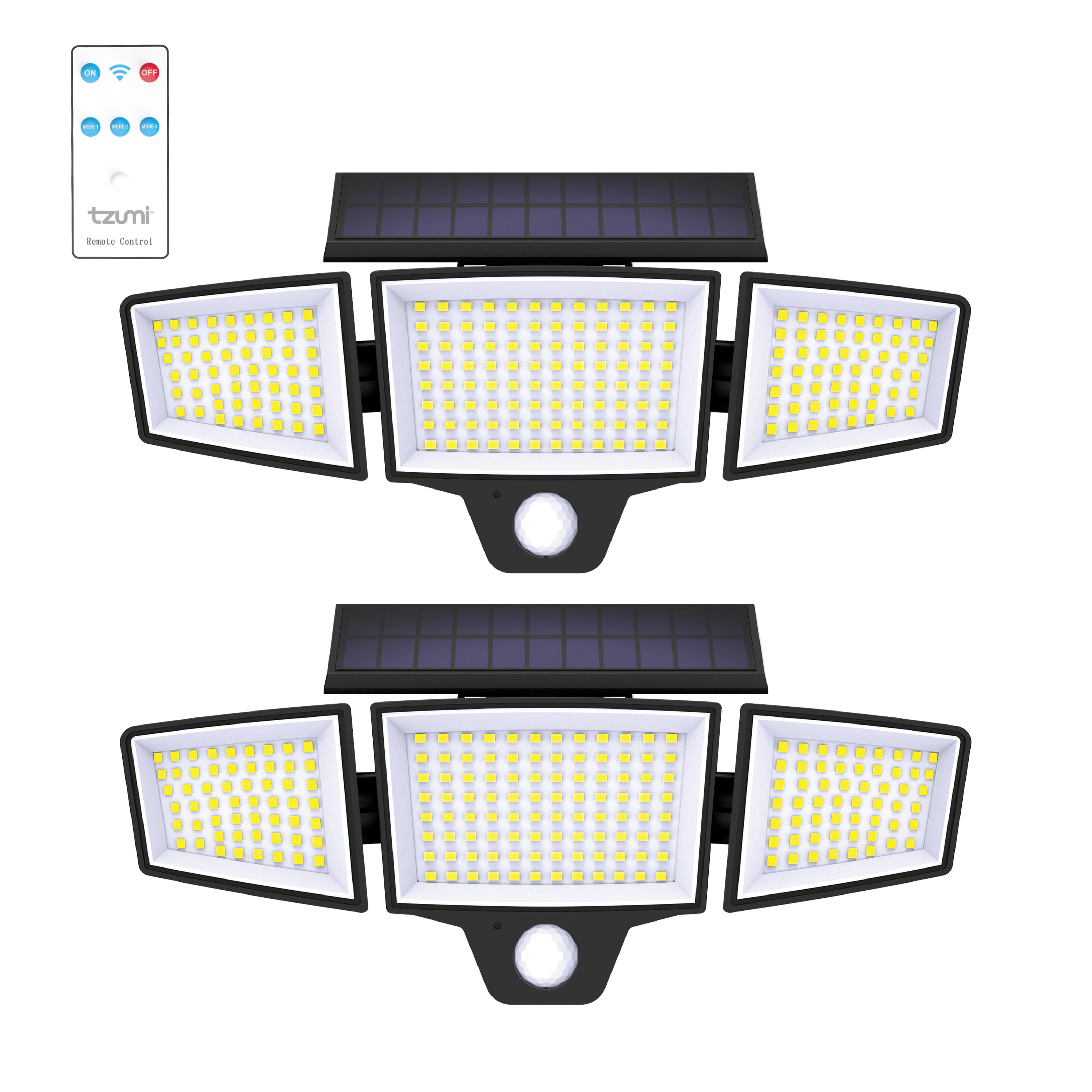 Tzumi Solar Lights Motion Sensor Outdoor Flood Lights with Wireless Remote, 3 Adjustable Lighting Modes, Waterproof, 2-Pack