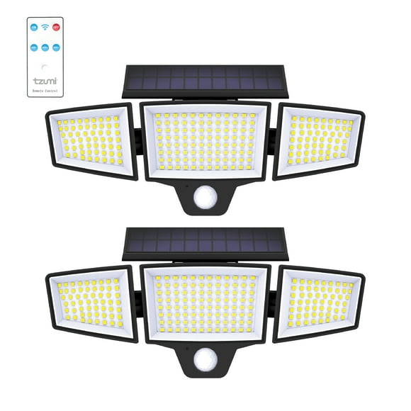 Tzumi Solar Lights Motion Sensor Outdoor Flood Lights with Wireless Remote, 3 Adjustable Lighting Modes, Waterproof, 2-Pack