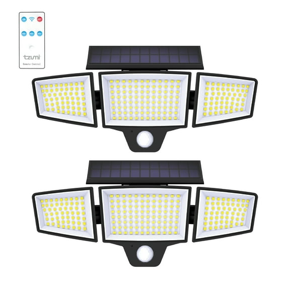 Tzumi Solar Lights Motion Sensor Outdoor Flood Lights with Wireless Remote, 3 Adjustable Lighting Modes, Waterproof, 2-Pack